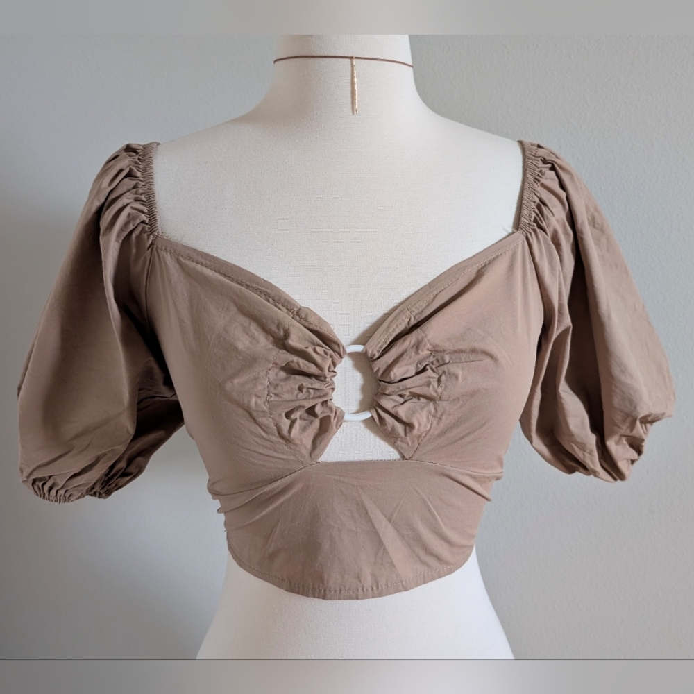 Storets Tan Ruched Puff Sleeve Blouse